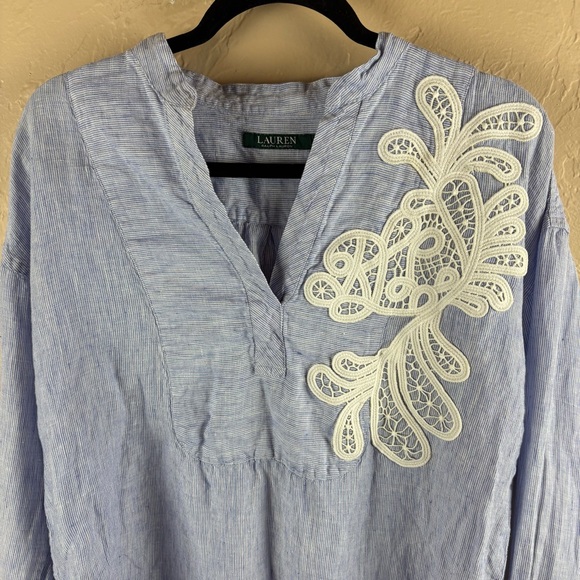Lauren Ralph Lauren Blue Linen Embellished Crochet Lace Long Sleeve Blouse Large - Picture 2 of 10